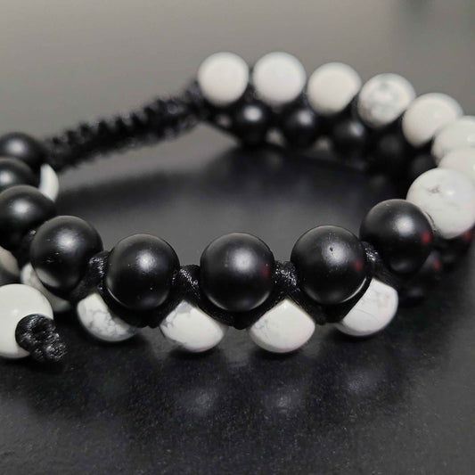 Yin & Yang - Matte Black | Howlite | Adjustable Double Row Bead Bracelet