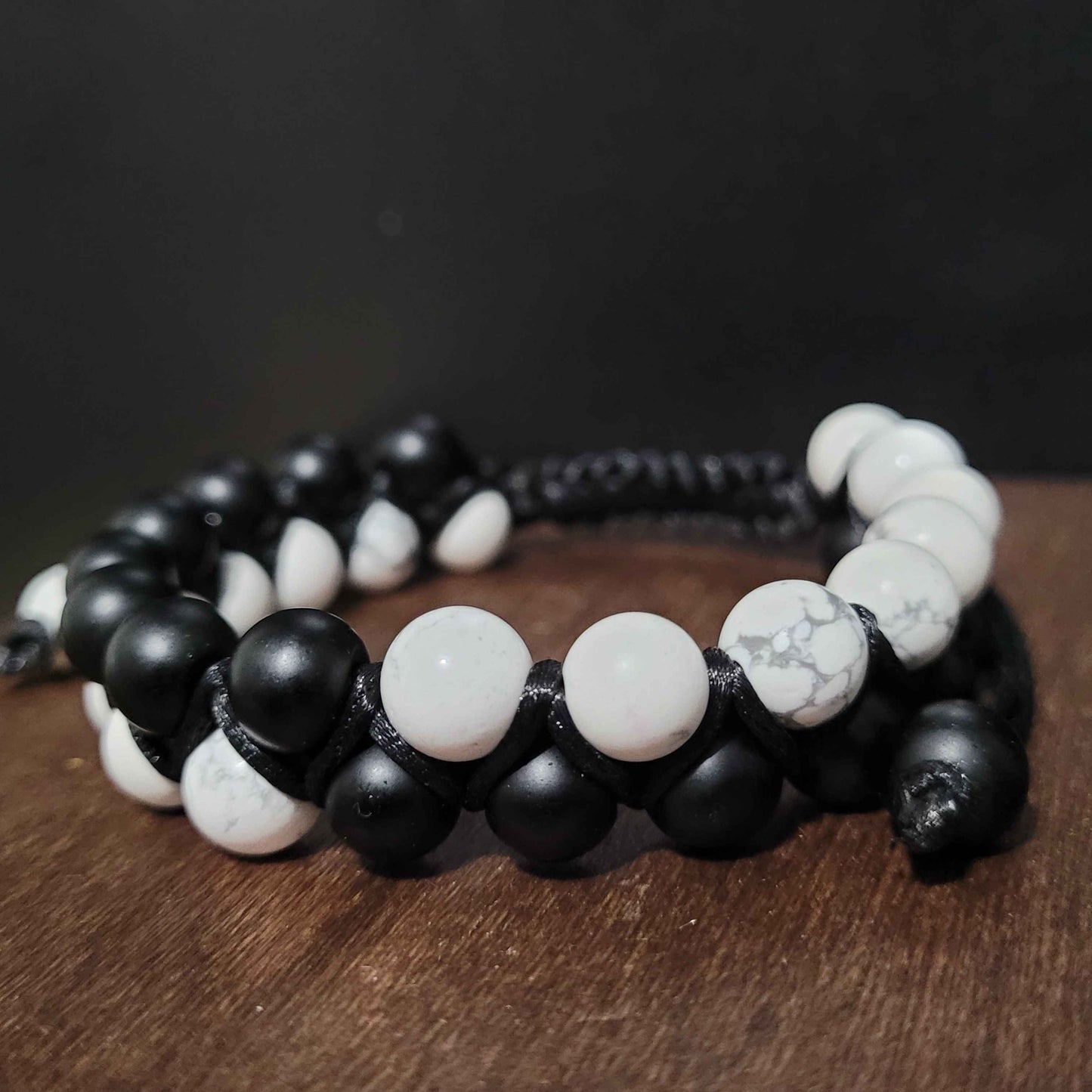 Yin & Yang - Matte Black | Howlite | Adjustable Double Row Bead Bracelet