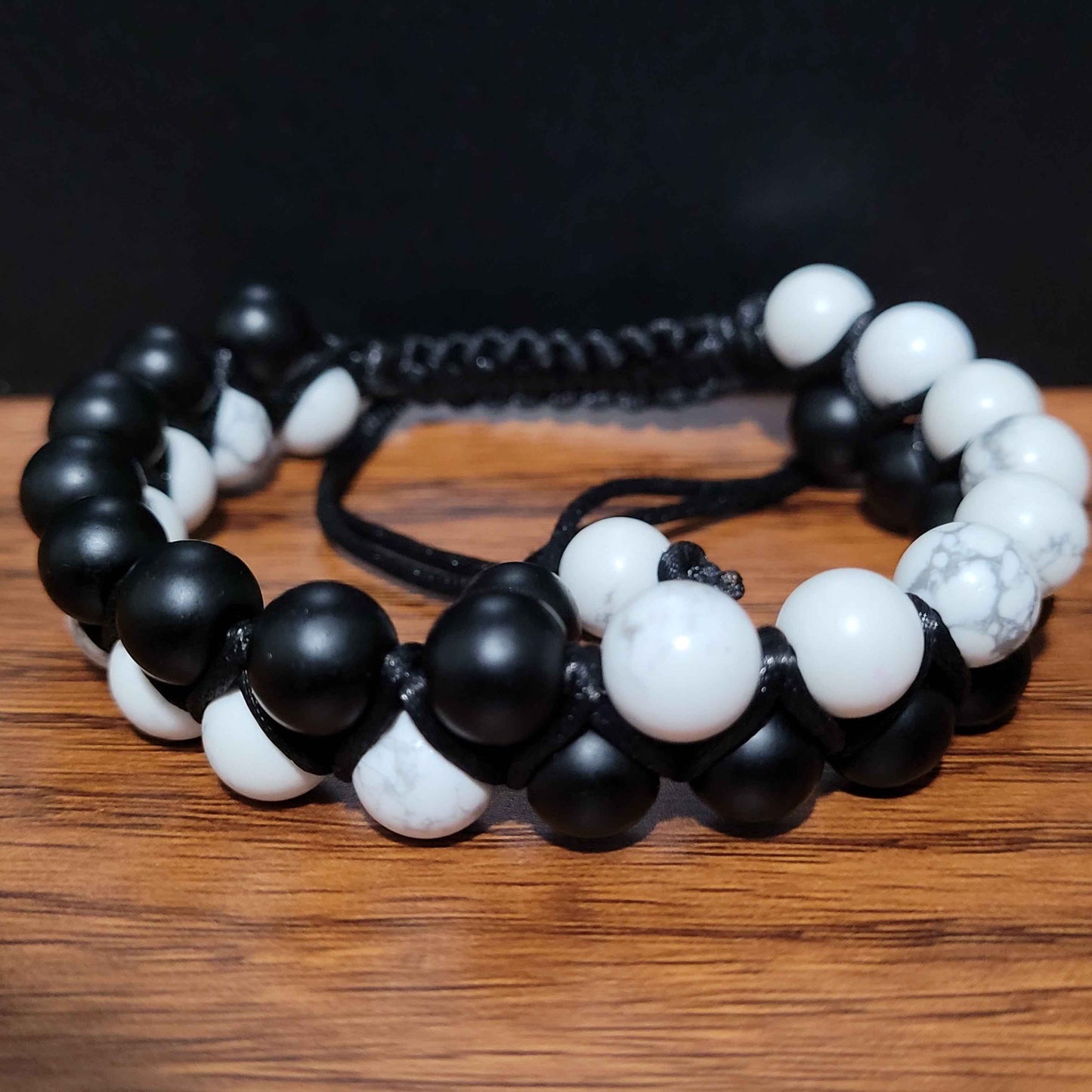 Yin & Yang - Matte Black | Howlite | Adjustable Double Row Bead Bracelet